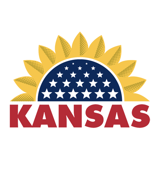 Kansas state emblem with a sunflower and a starry blue circle, and the word 'Kansas' in red