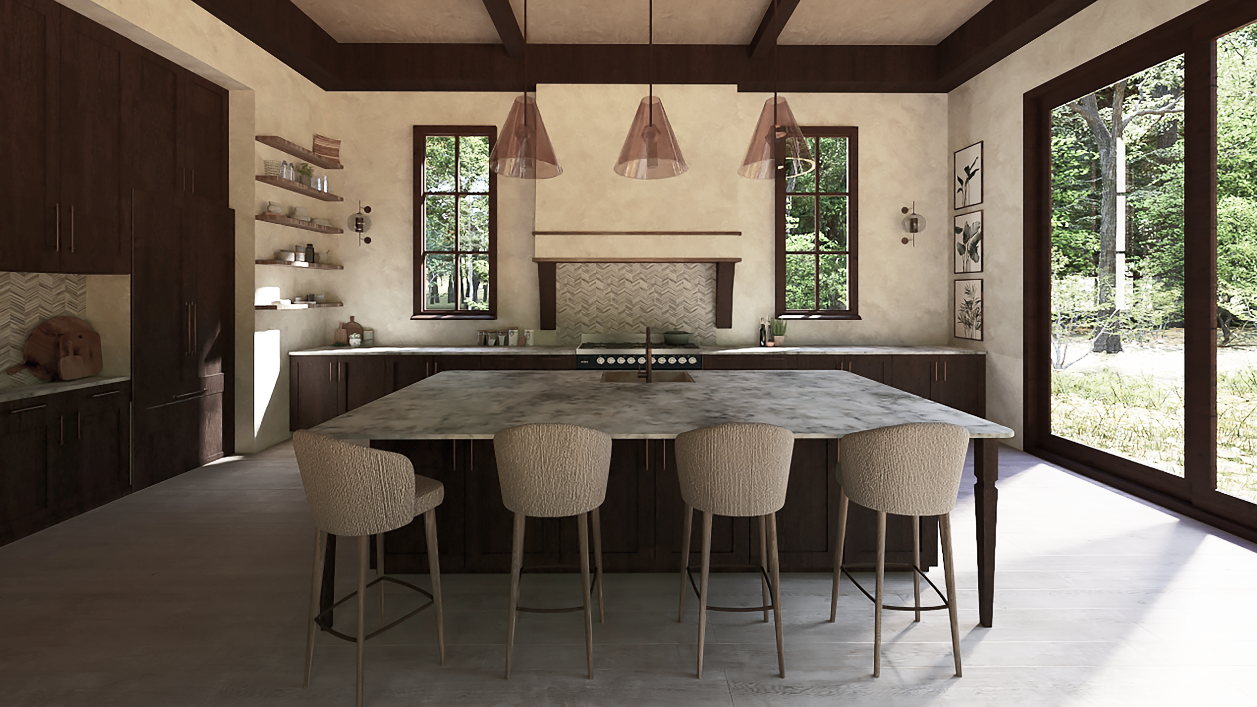 Modern kitchen with dark wood cabinets, marble island, beige chairs, large windows with greenery outside, pendant lights, open shelves with dishes, and framed botanical art.