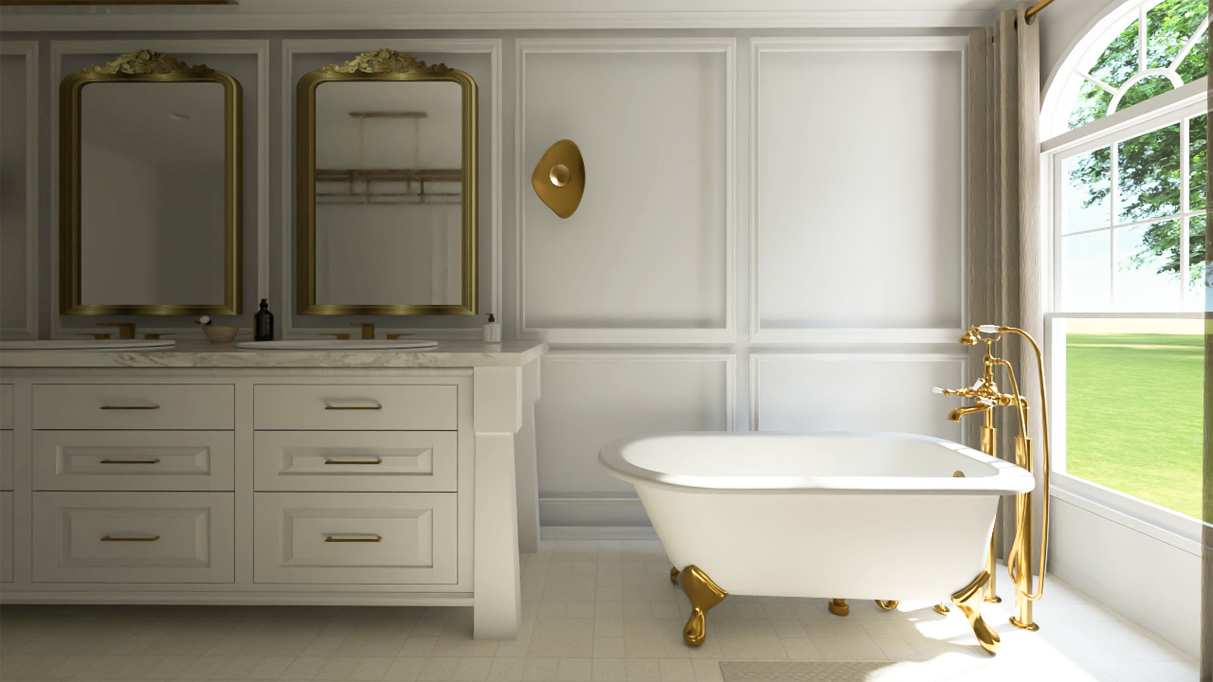 A luxurious bathroom with a white bathtub with gold fixtures, a white vanity with gold handles, and two mirrors with gold frames above the sink. There is a large window with curtains and greenery outside.