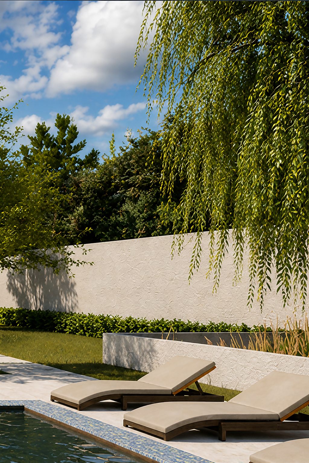 Two beige lounge chairs near a swimming pool, with green bushes and trees over a white wall in the background under a partly cloudy sky.