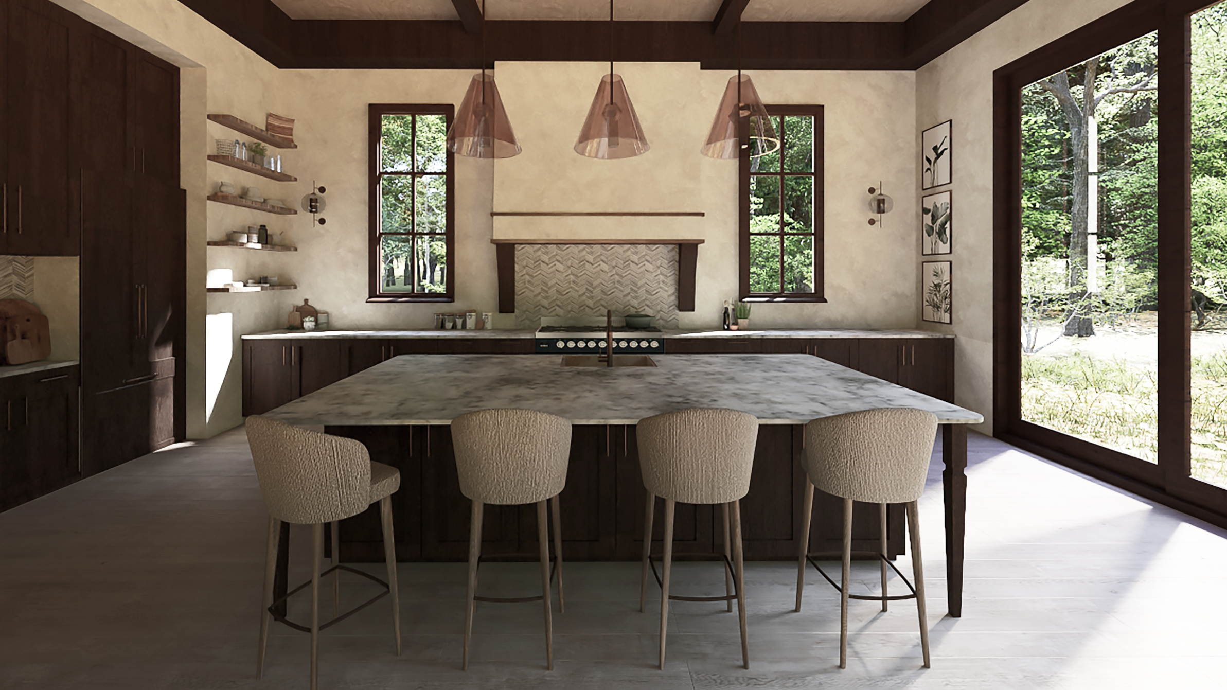 Modern kitchen with large marble island, dark wood cabinets, open shelving, natural light from large windows, and a forest view outside.