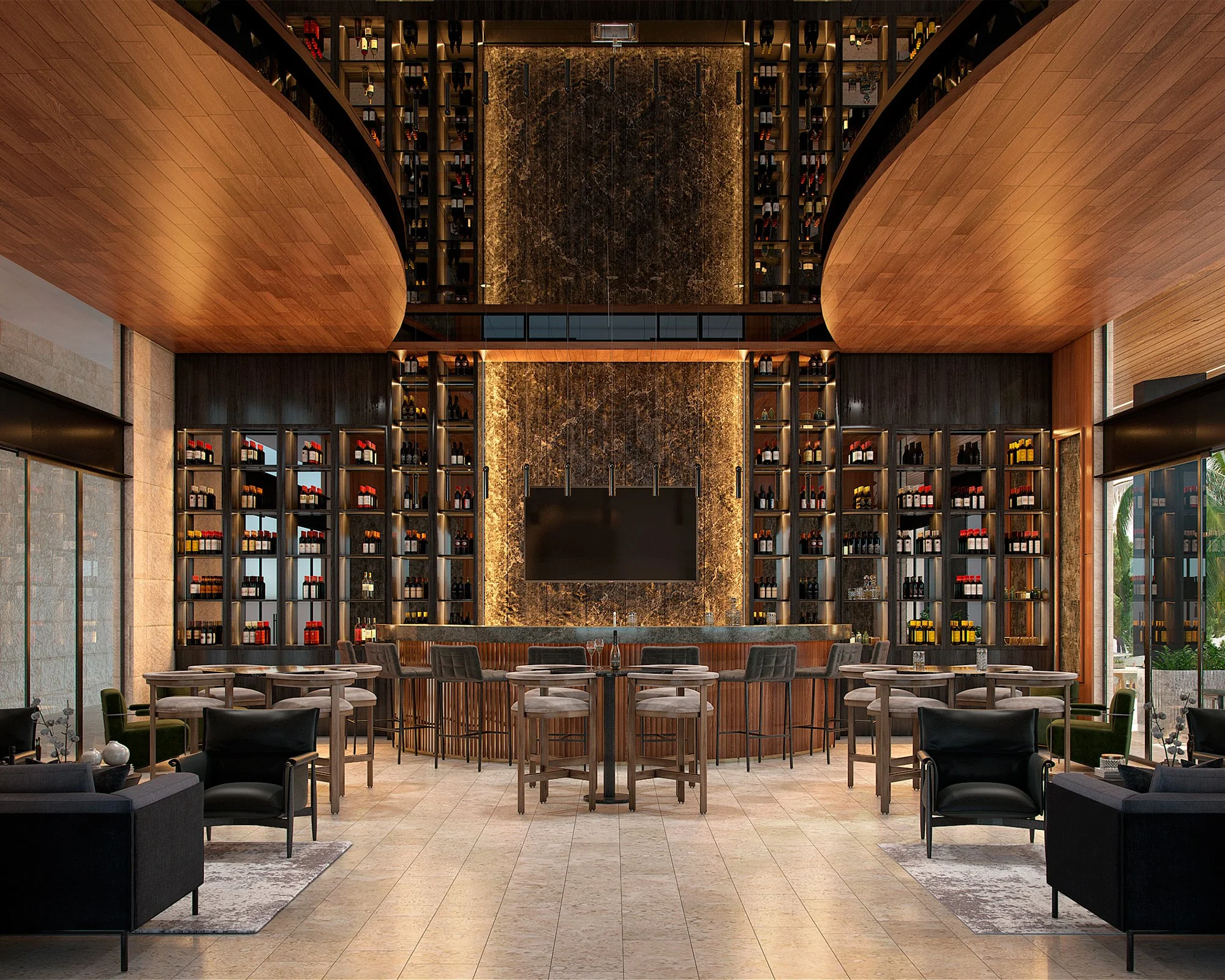 Interiores de un restaurante elegante con paredes de piedra y madera, varias mesas y sillas, estanterías llenas de botellas de vino, y una pantalla grande en el centro.
