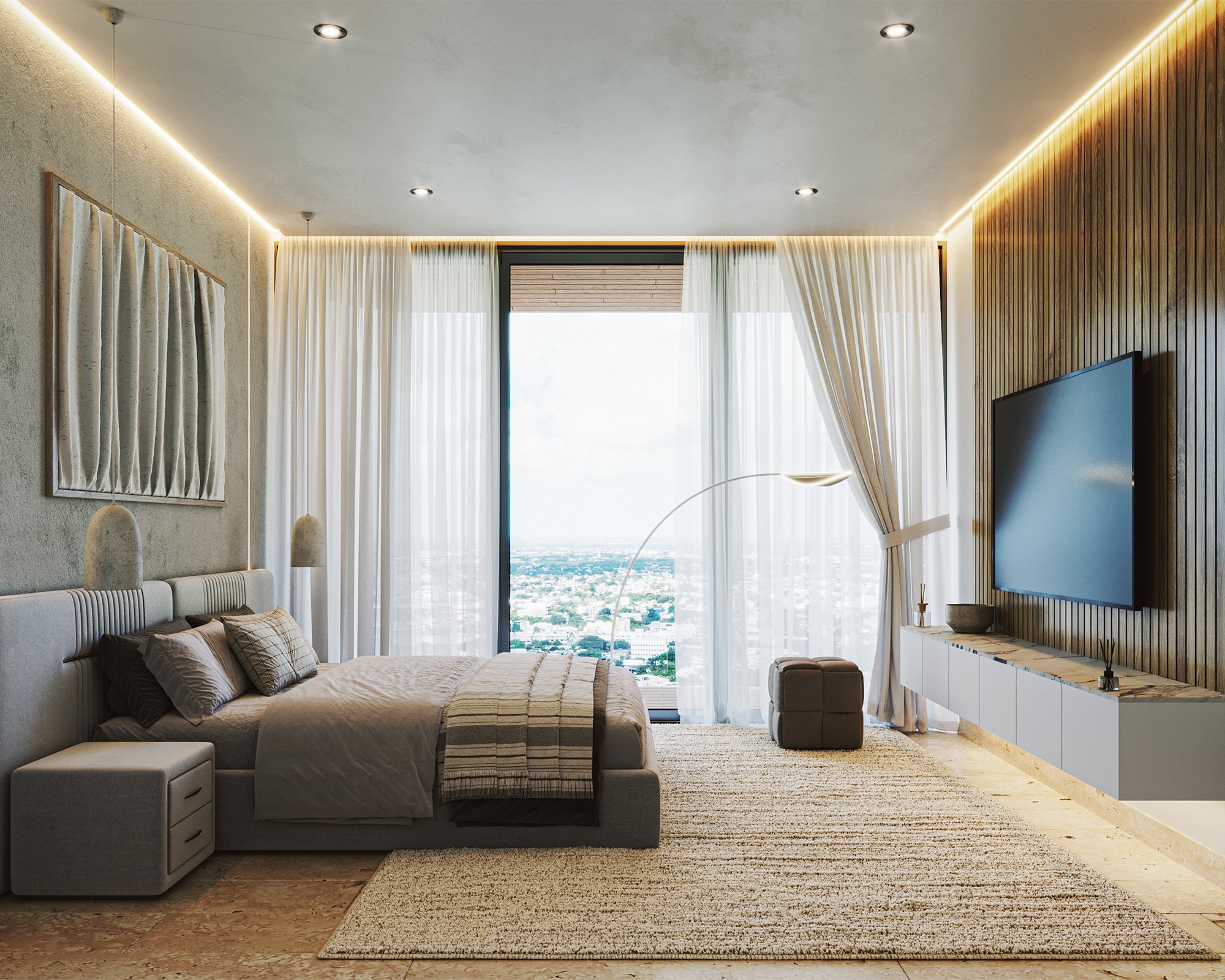Habitación moderna con grandes ventanas, cortinas blancas, cama con sábanas claras y cojines, lámparas colgantes, pared de madera y televisor montado.