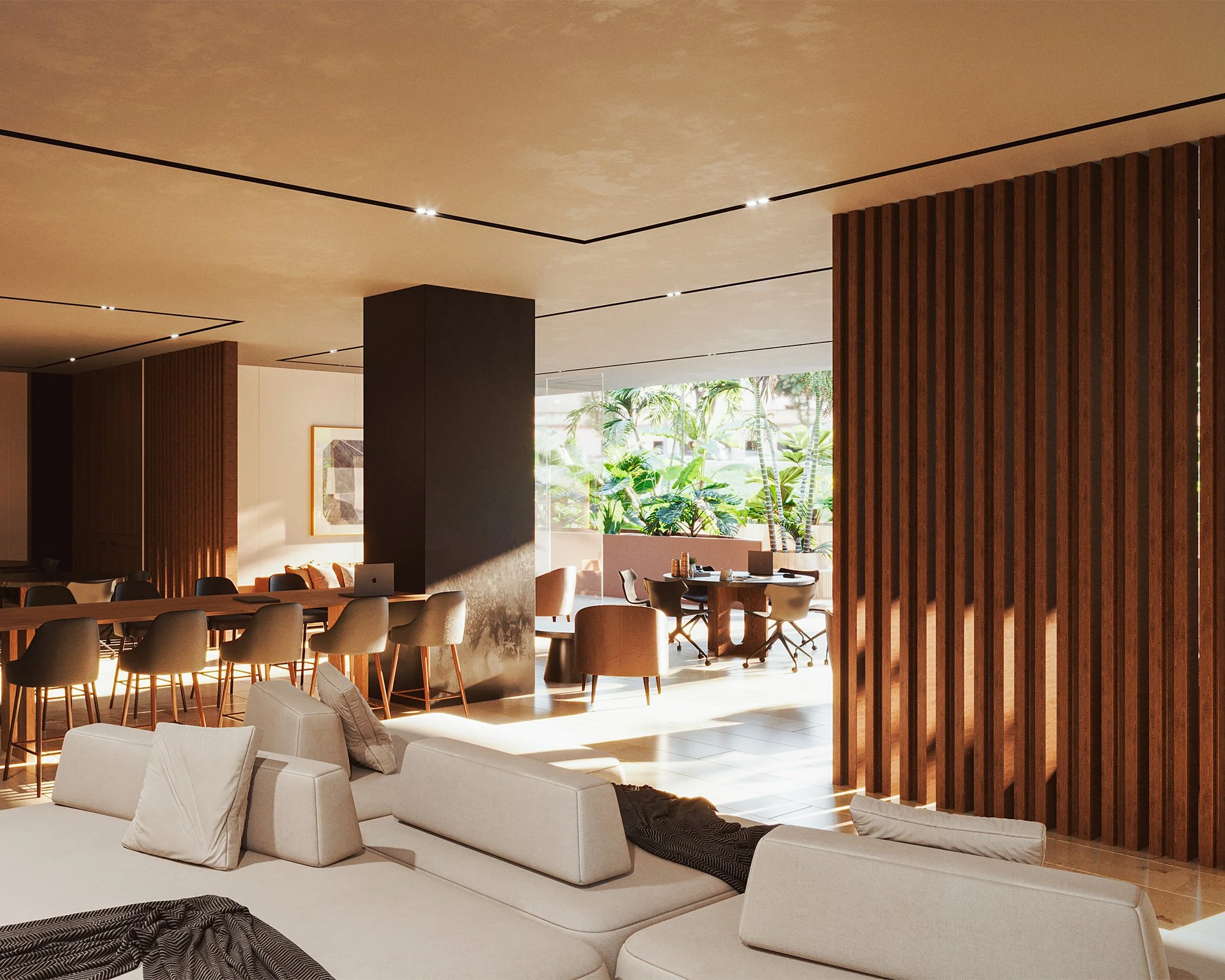 Interiores modernos de una sala de estar con muebles blancos, taburetes negros, paredes de madera y una gran ventana que muestra plantas verdes afuera.