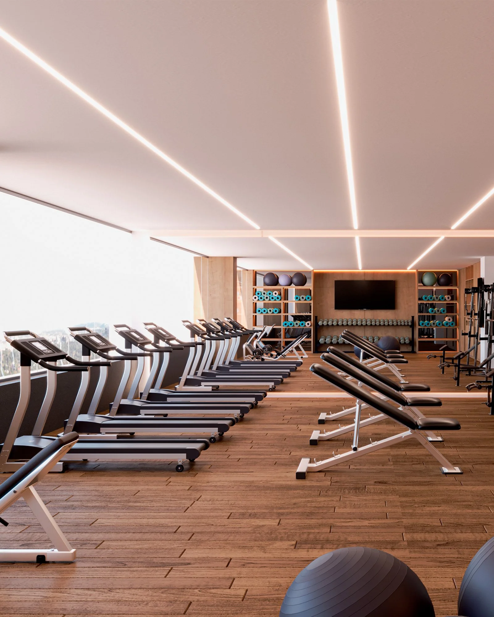 Sala de gimnasio con cintas de correr, pesas y balones de ejercicio en un espacio amplio y moderno.