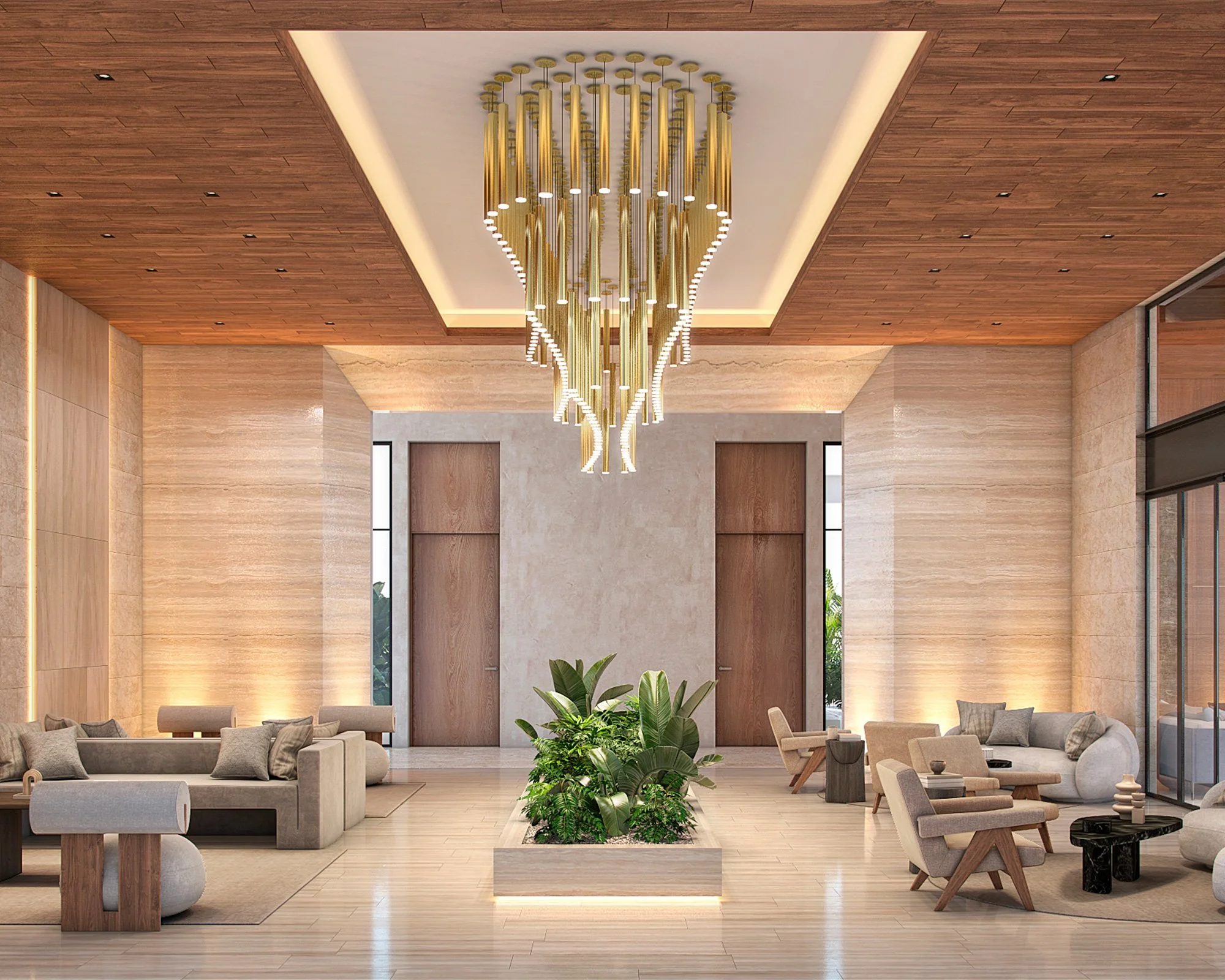 Vestíbulo de interior con un gran candelabro dorado en el techo, paredes de piedra beige, grandes ventanas y muebles de sala con sillones y plantas decorativas.