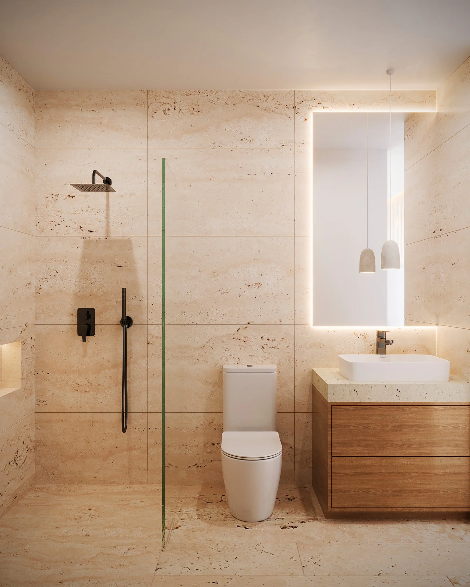 Baño moderno con paredes de piedra beige, regadera de lluvia negra, inodoro blanco, lavabo rectangular en mueble de madera y espejo con iluminación LED