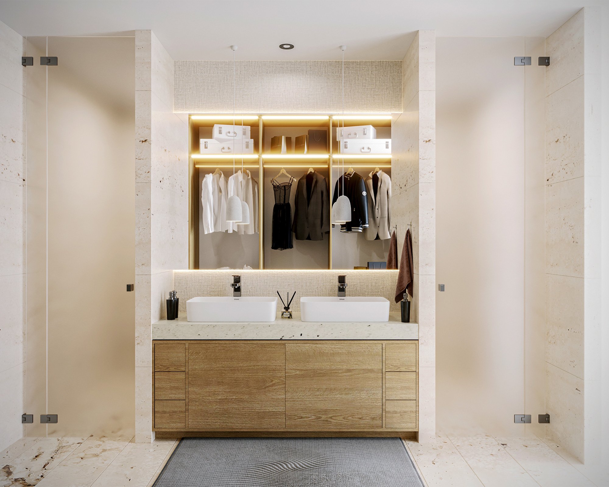 Resultado en un baño moderno con lavabo doble, espejo, paredes de mármol, y armario de madera con ropa y cajas de almacenamiento