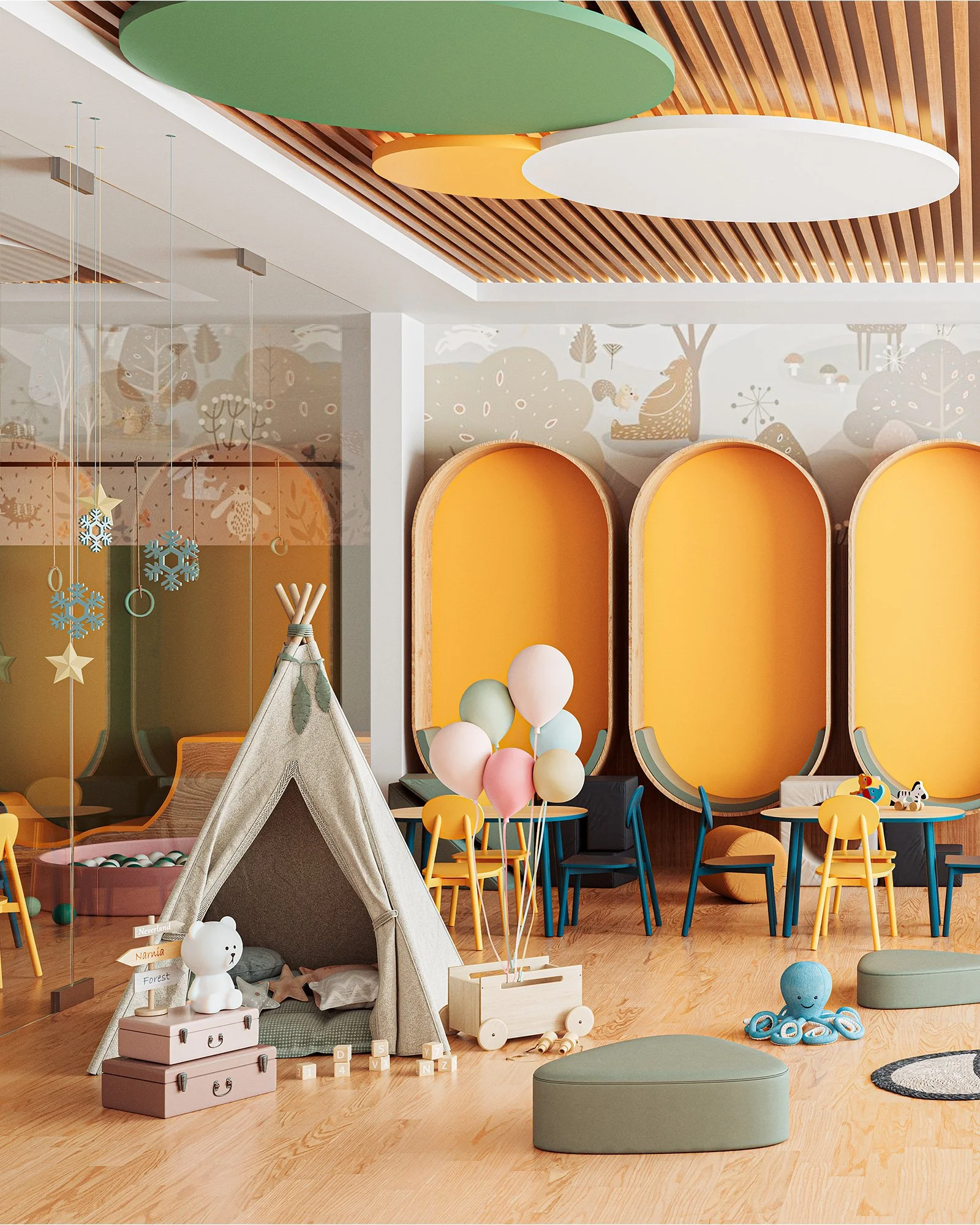Espacio infantil con decoración alegre y moderna, incluyendo una tienda de campaña, globos de colores, muebles de madera y sillas en tonos amarillo y azul, paredes con ilustraciones de animales y naturaleza, y adornos colgantes con estrellas y copos 