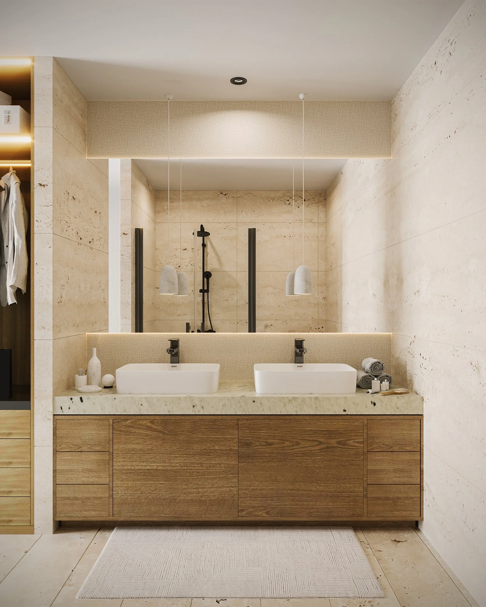 Lavabo doble de piedra con muebles de madera, espejo y accesorios de baño en un baño moderno con paredes de piedra y toallas enrolladas.