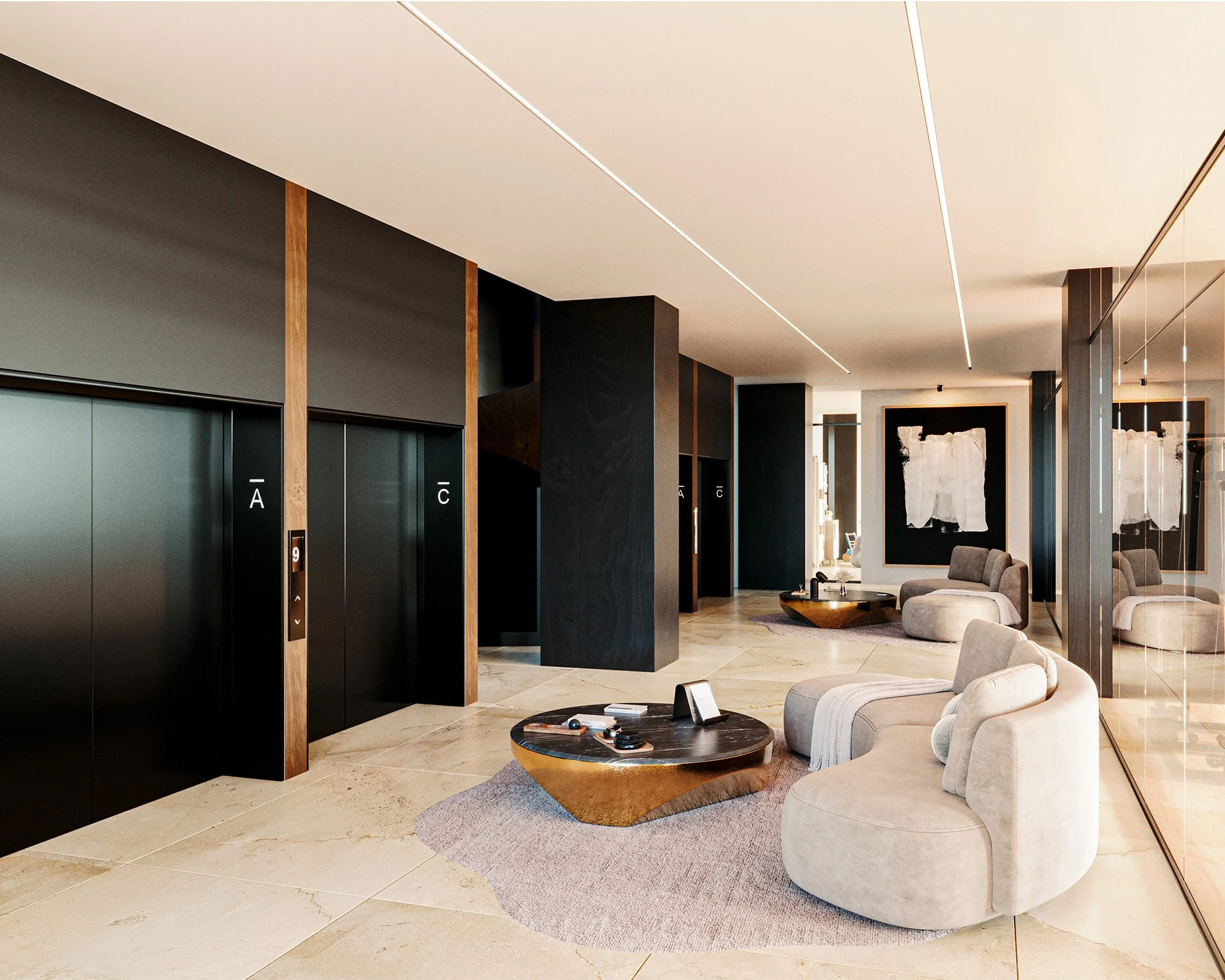 Interior de un vestíbulo moderno con ¿elevadores, paredes oscuras, techos blancos, muebles de color crema y una mesa de centro de madera en un ambiente amplio y elegante.