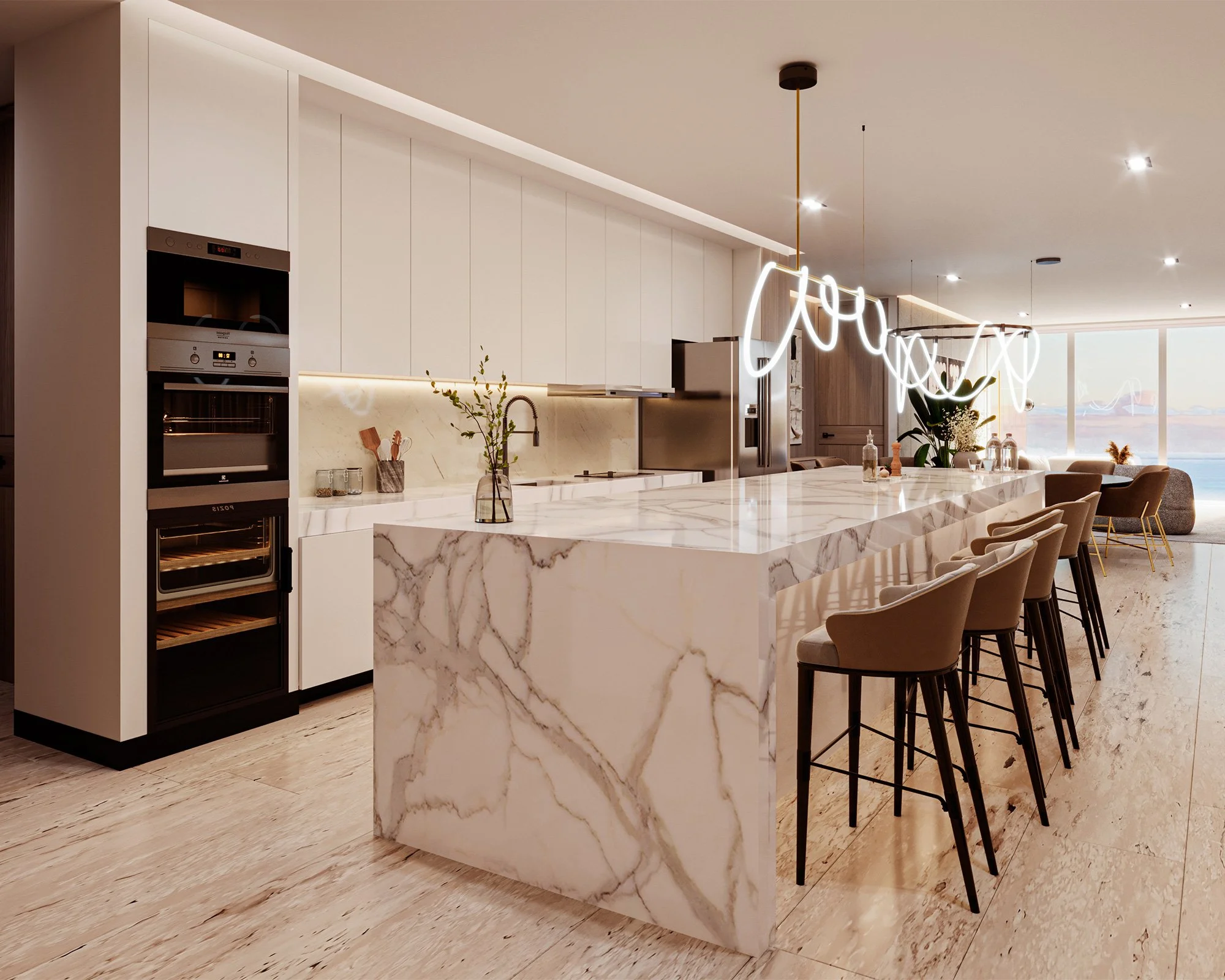 Cocina moderna con isla de mármol, sillas altas, decoración minimalista y iluminación led en techo.