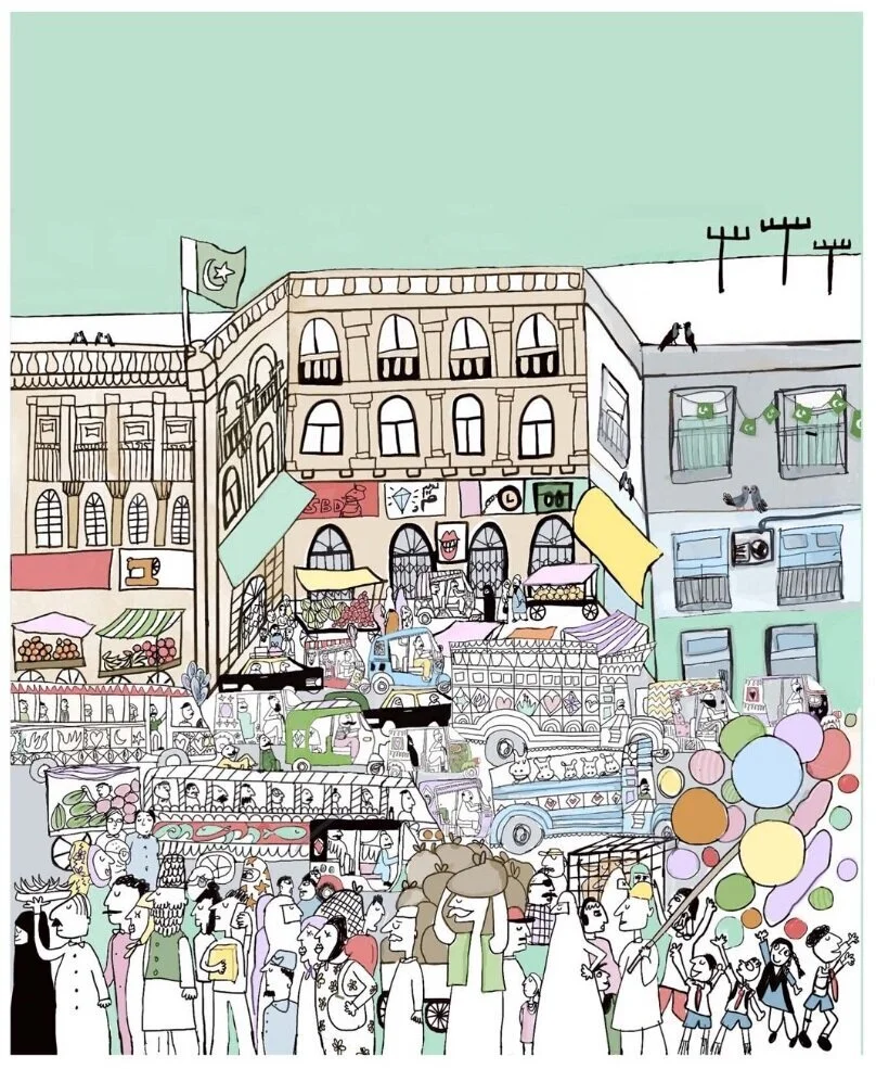 Karachiscape. Sophia BalagamwalaKarachiscape is a digital illustration of a busy street scene in Saddar in Karachi, prior to COVID-19.Sophia Balagamwala is a multidisciplinary artist based in Karachi, Pakistan. Her practice explores the space where …