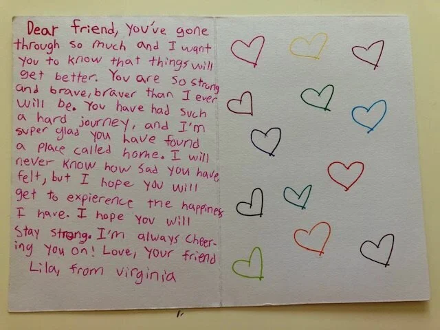 A card written by a sixth grader for a KindWorks apartment set up for an arriving refugee family