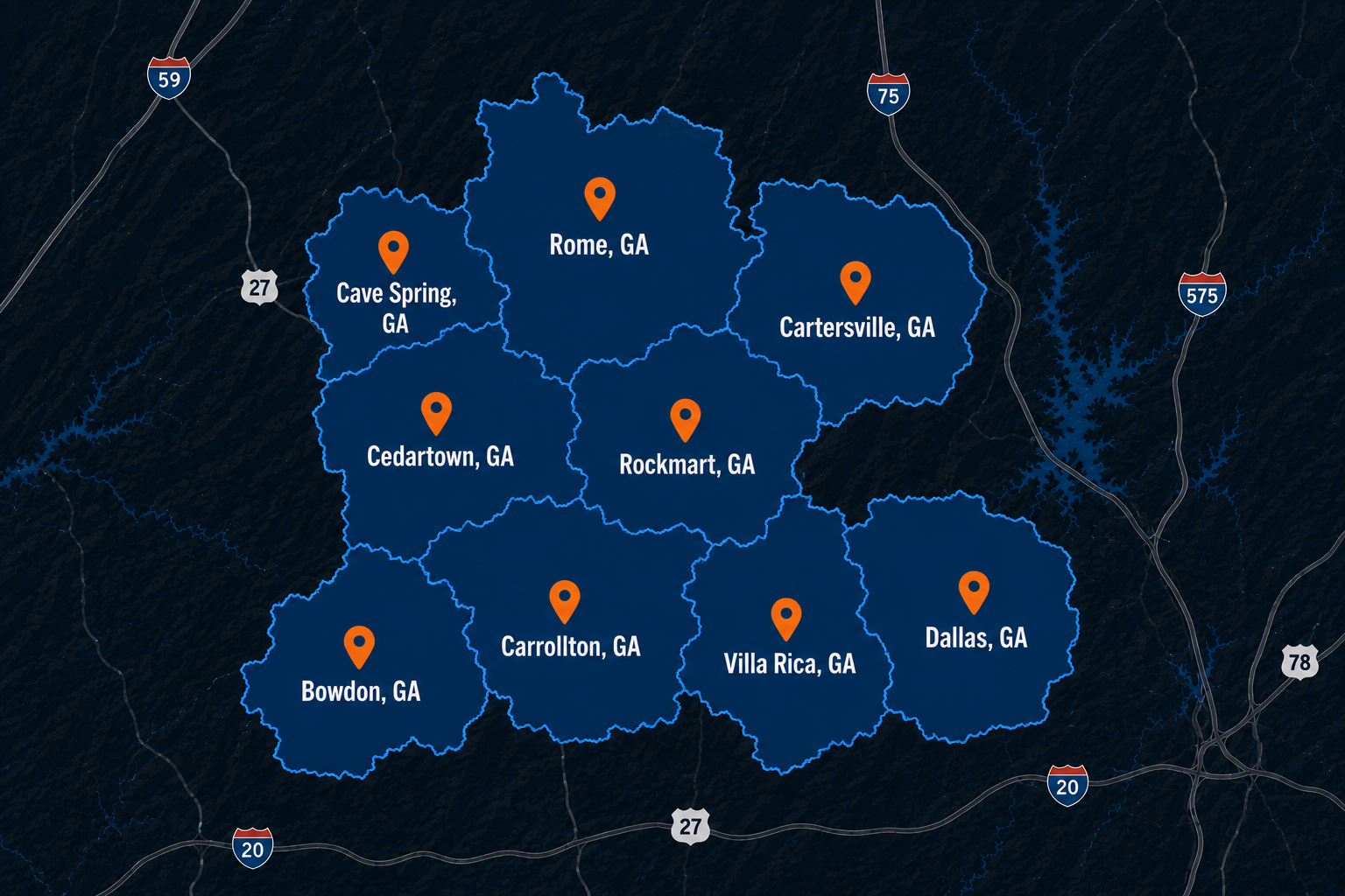 Map of several cities in Georgia, with orange location markers indicating Cave Spring, Rome, Cartersville, Cedartown, Rockmart, Bowdon, Carrollton, Villa Rica, and Dallas.