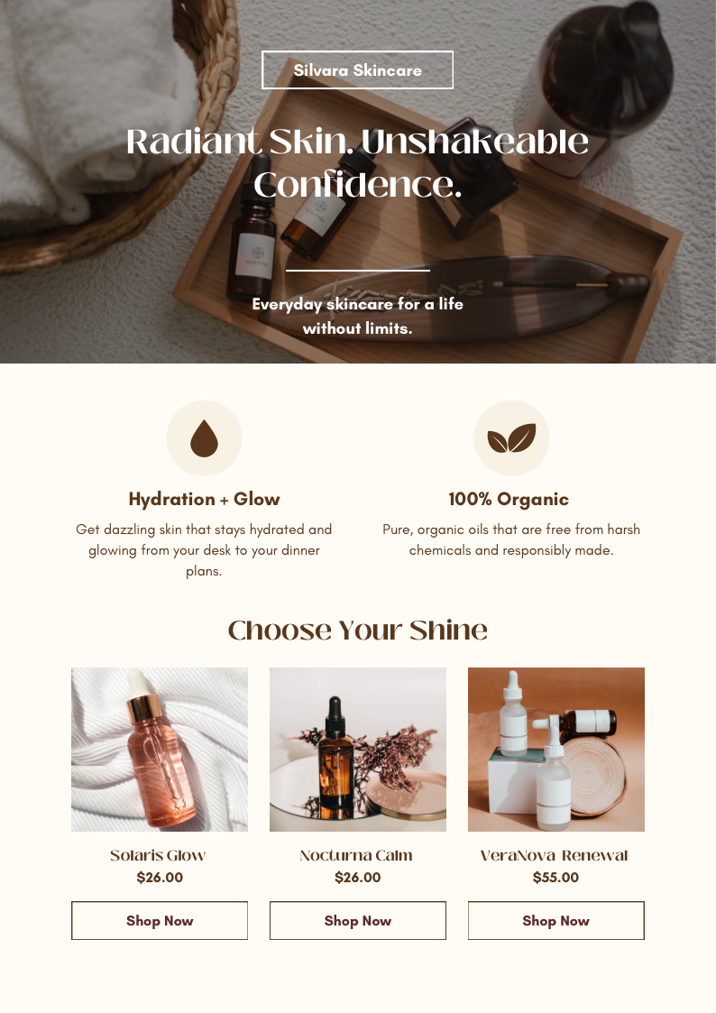 Clean beauty email for a brand that needed to sound human. Wrote and designed it for women who want to feel more confident when they step into any room.