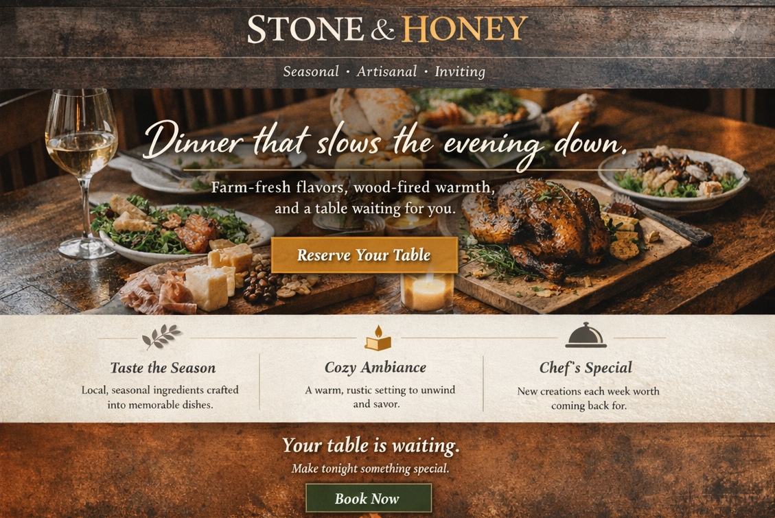 Website design and copy for a farm to table restaurant. The goal was to make people actually book, not just swing by the website.