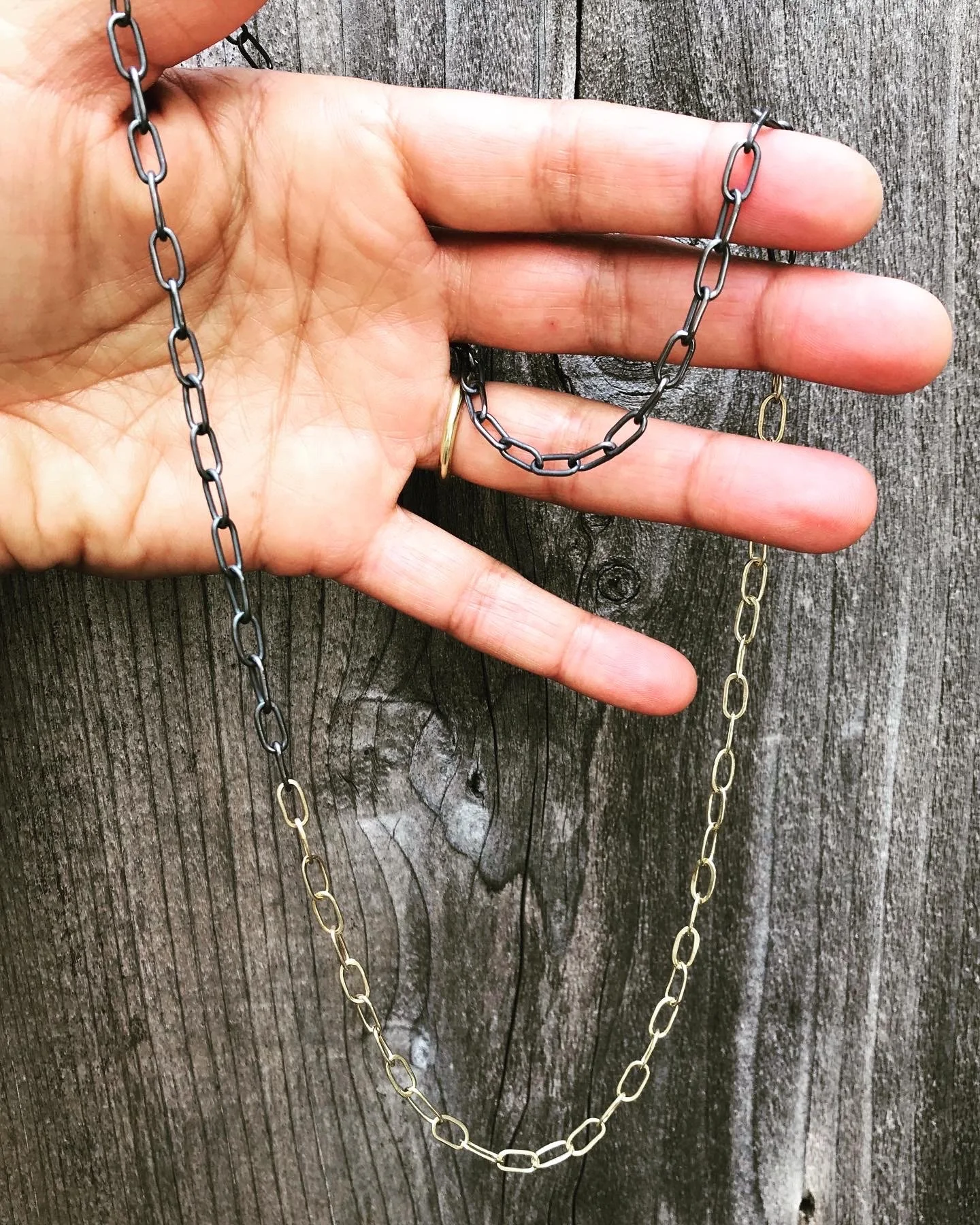 oxidized silver and 18k gold handmade chain