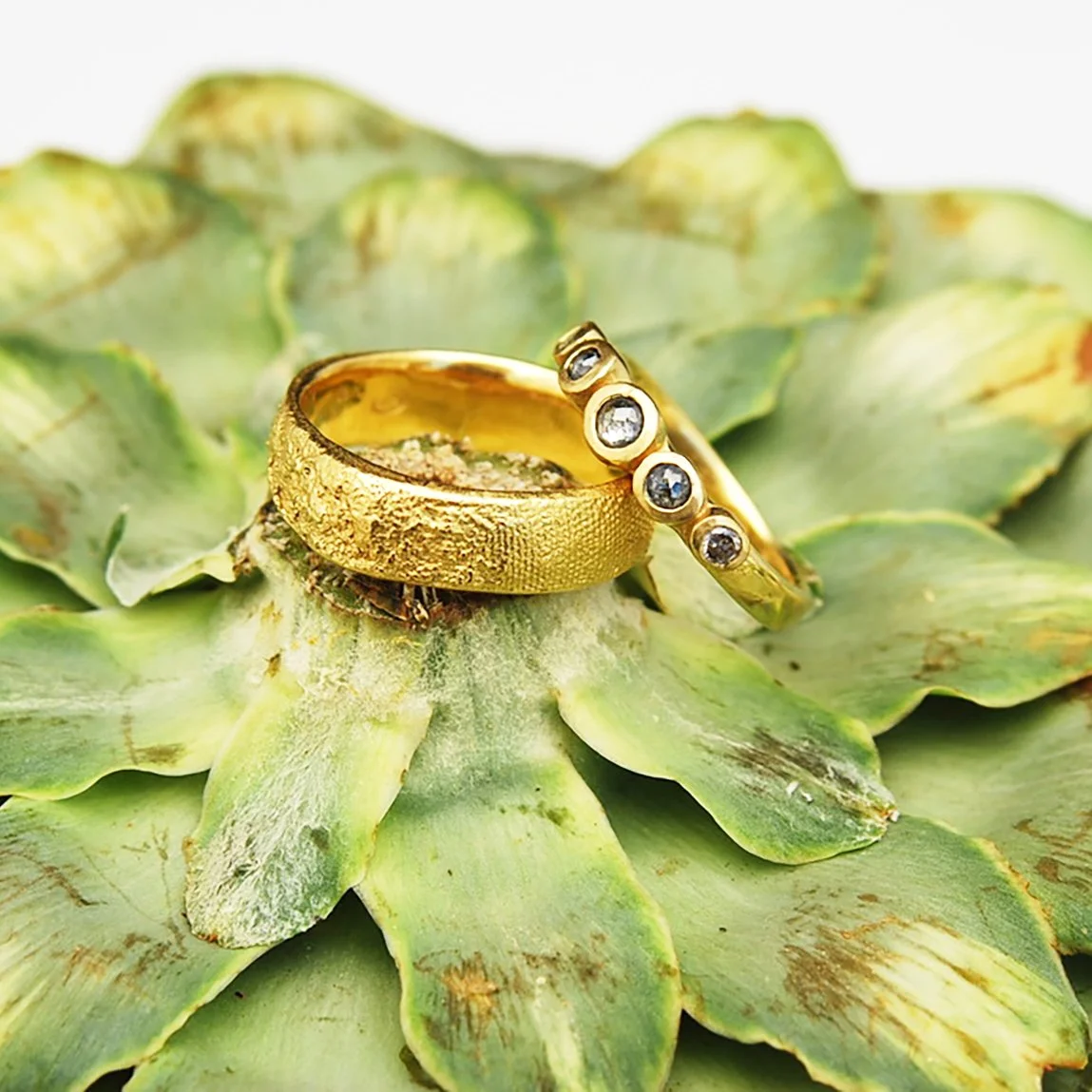18k silk band and 5-stone band 