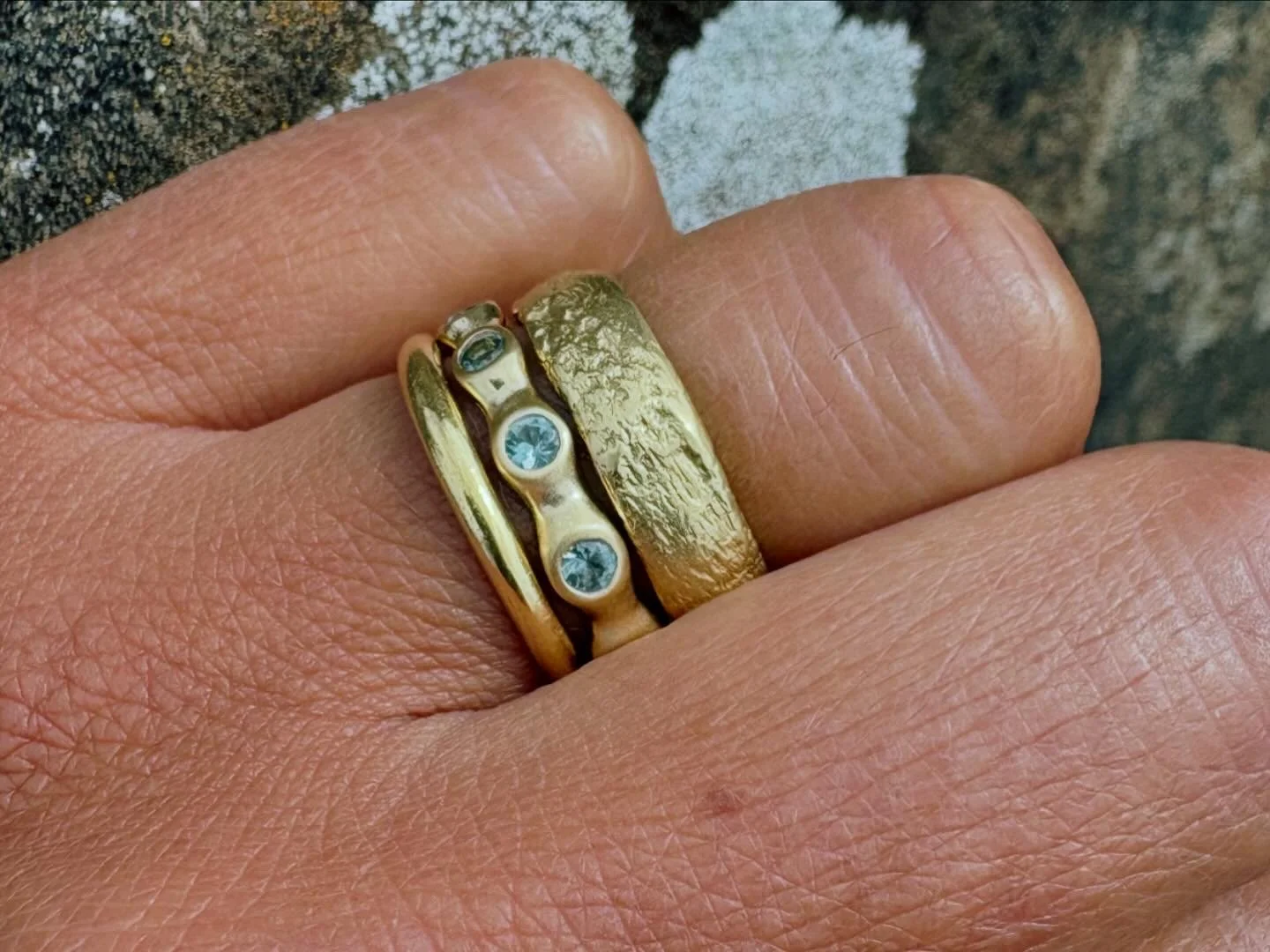 18k silk textured band, Montana sapphire barnacle band, 20k gold band