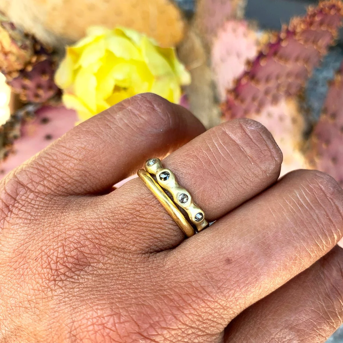 stack with size 6.5 18k yellow gold ring with rose cut grey diamonds