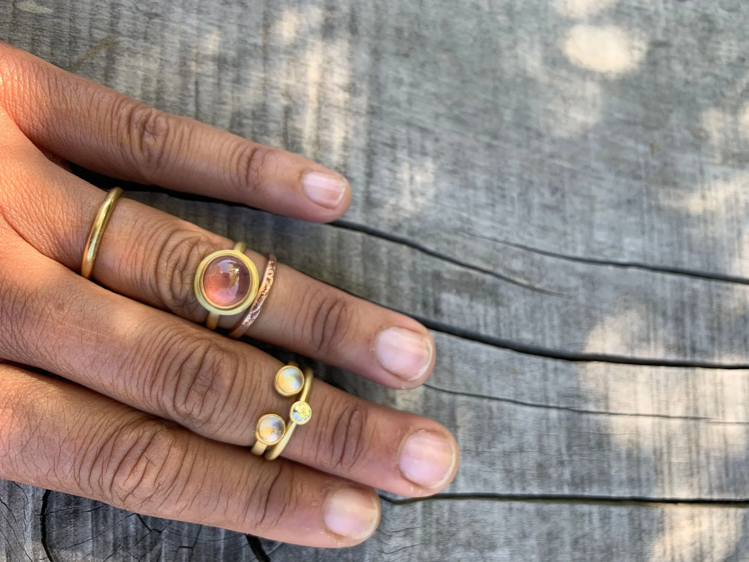 Garnet ring, open moonstone ring