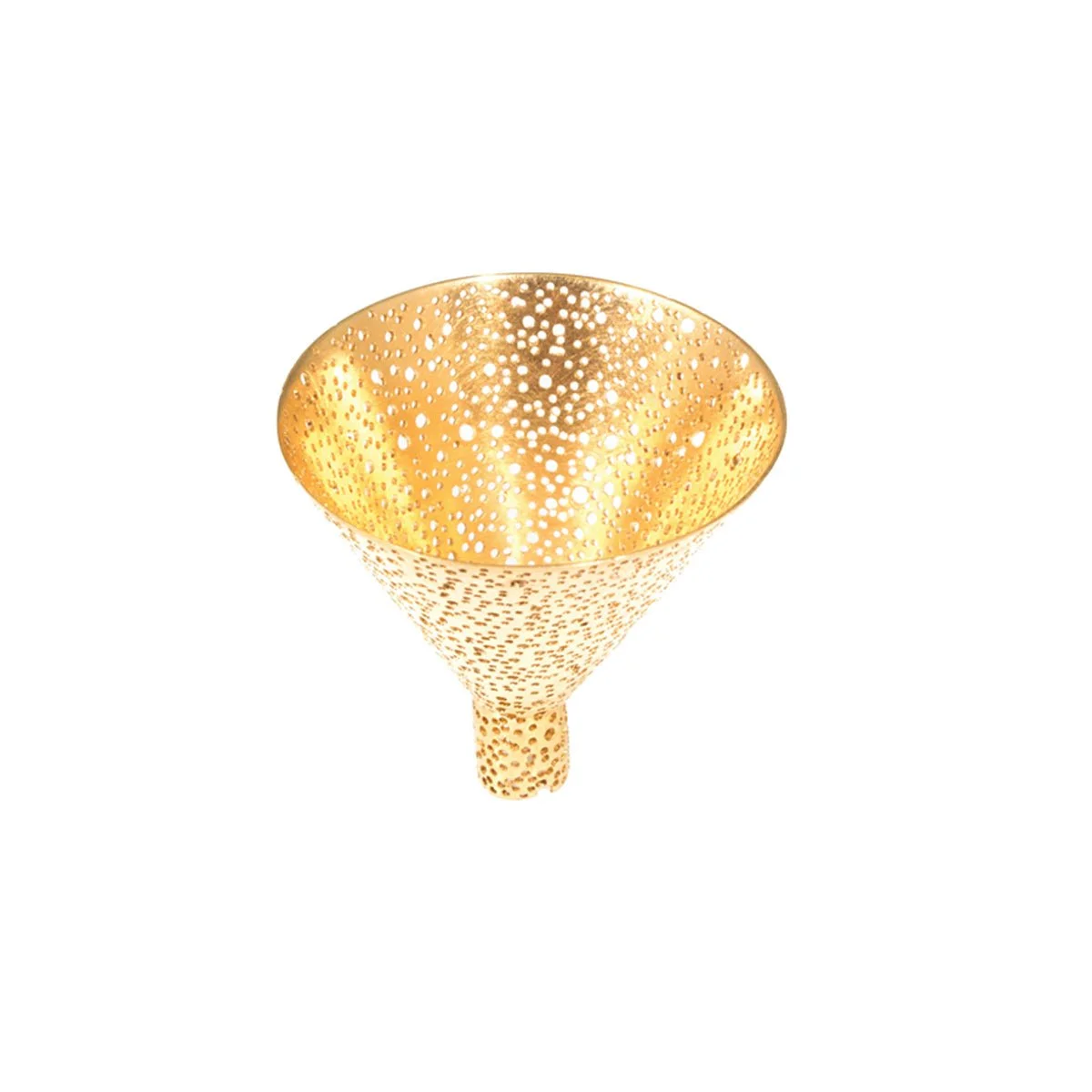 Gold decorative cone-shaped lampshade with perforated pattern, glowing from within.