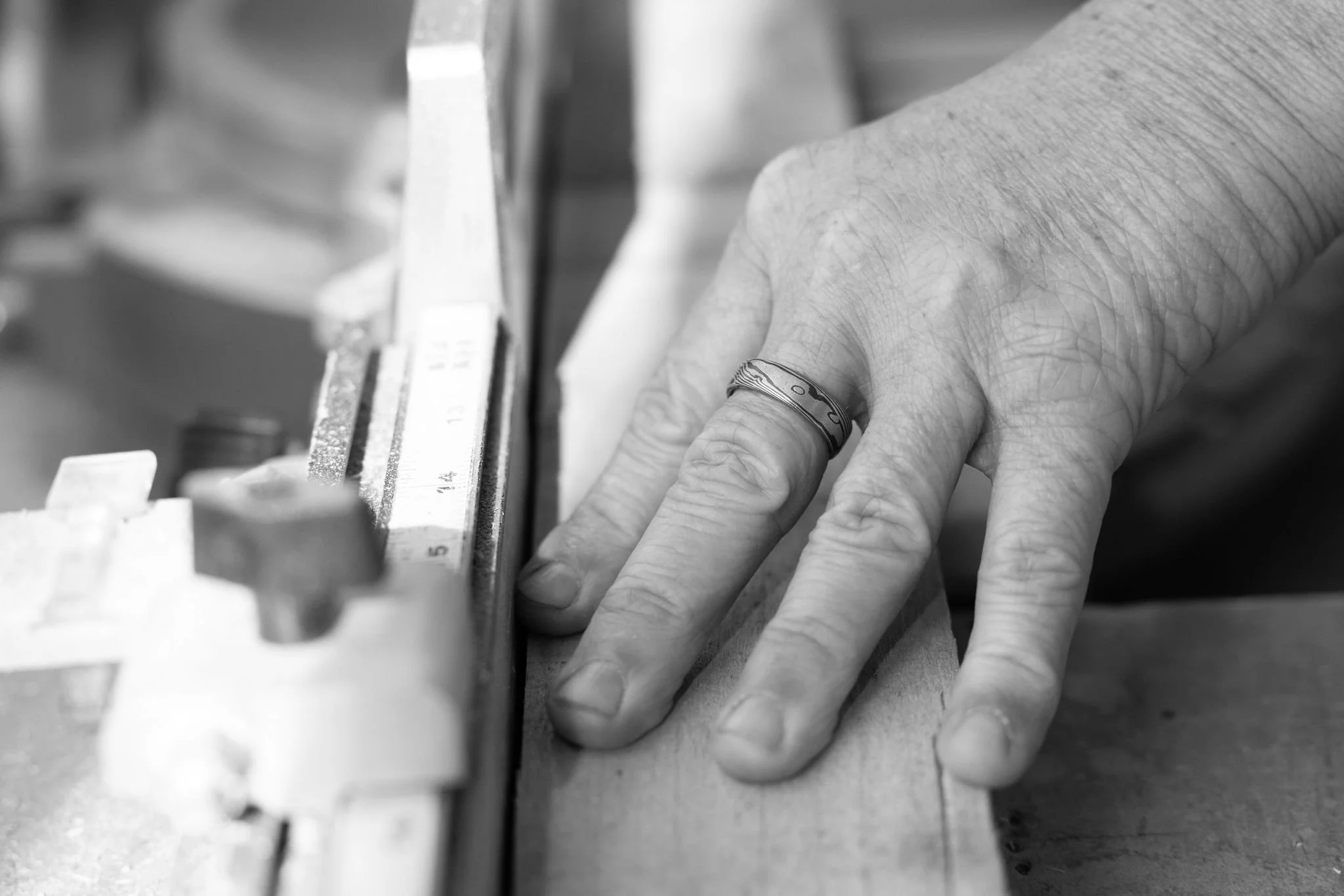 Deirdre in the woodshop and ring