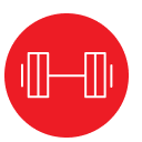 White dumbbell icon on red circular background