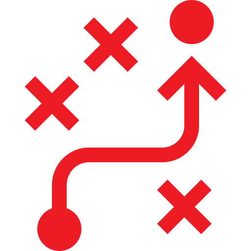 A diagram with a red arrow and four red X marks on a black background, depicting a strategy or plan.