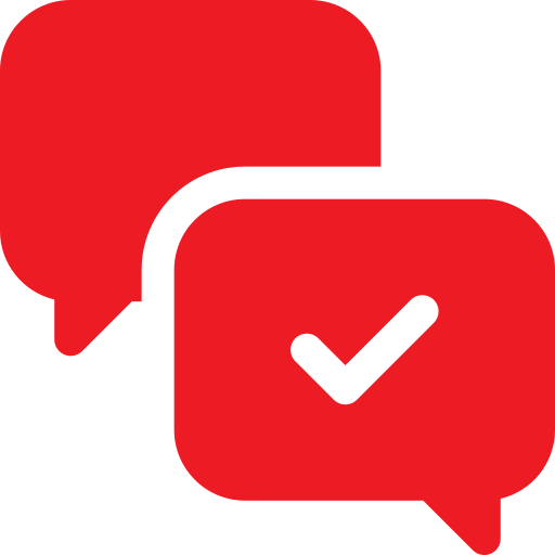 Two red speech bubbles with a black checkmark inside one of them.