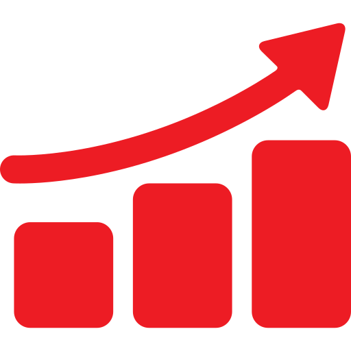Red bar chart with three bars increasing in height, with an upward trending arrow above indicating growth or success.