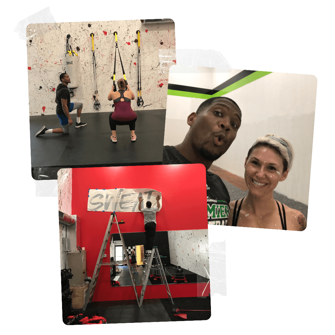 Three photos of a gym environment. The first shows a woman doing suspension training with an instructor kneeling nearby. The second is a selfie of a man and woman smiling inside the gym. The third shows a man on a ladder creating a graffiti-style sign that reads 'SHE' on a red wall.