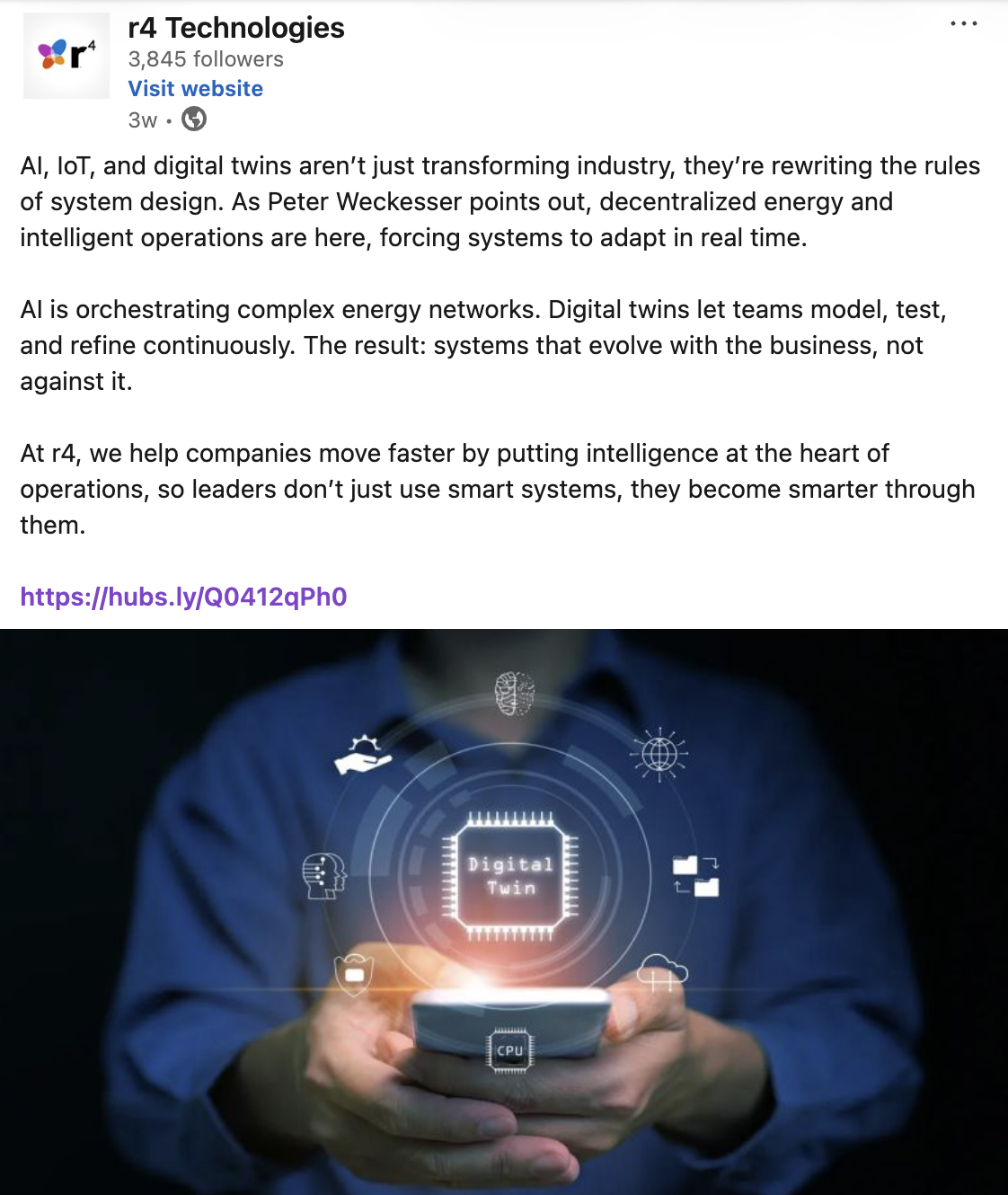 A person in a blue shirt holding a smartphone with digital icons and a central digital twin chip floating above the device, illustrating interconnected digital concepts.