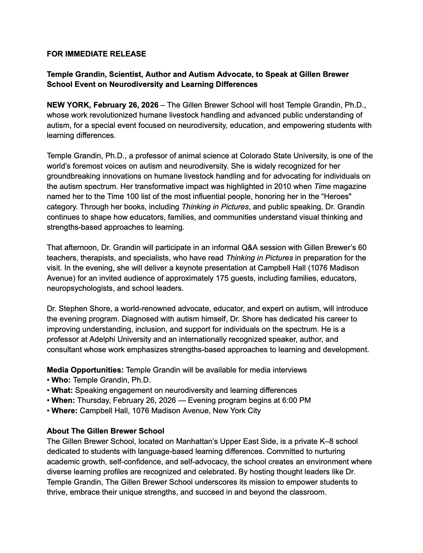 Press release announcing Temple Grandin's speaking engagement at an event on neurodiversity and learning differences, including details on the event date, location, and background about Temple Grandin and The Gillen Brewer School.