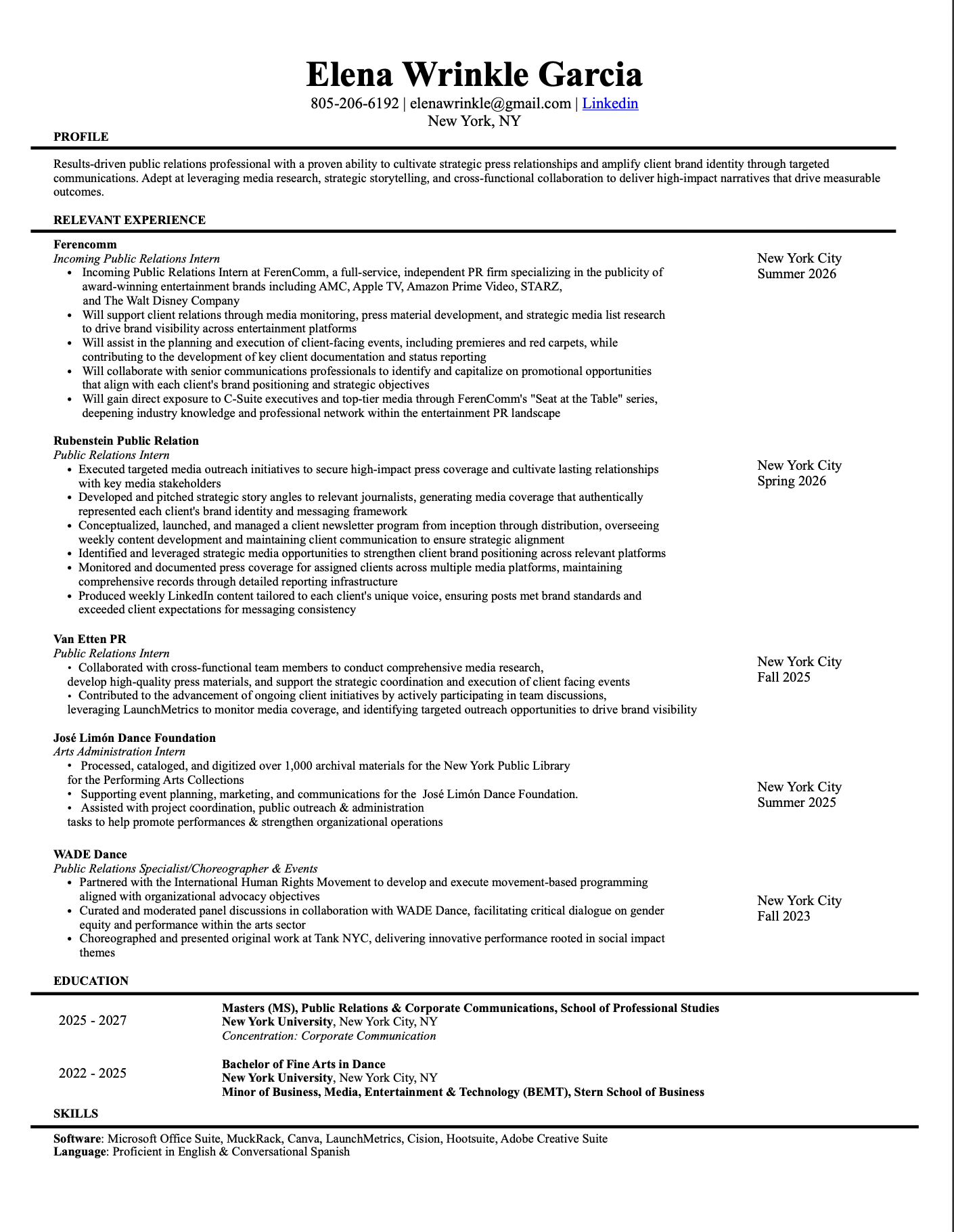 A detailed resume of Elena Wrinkle Garcia highlighting her contact information, professional profile, relevant experiences, education, skills, and software proficiency.
