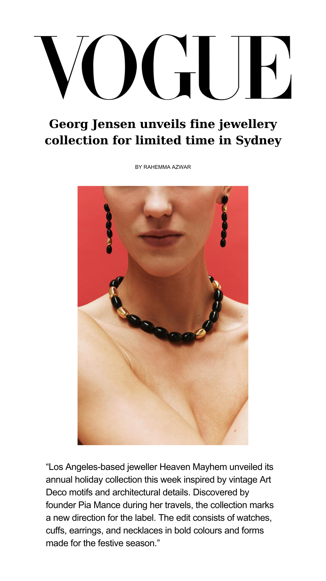 Vogue magazine cover featuring a woman wearing black and gold jewelry, including earrings, a necklace, with a red background.