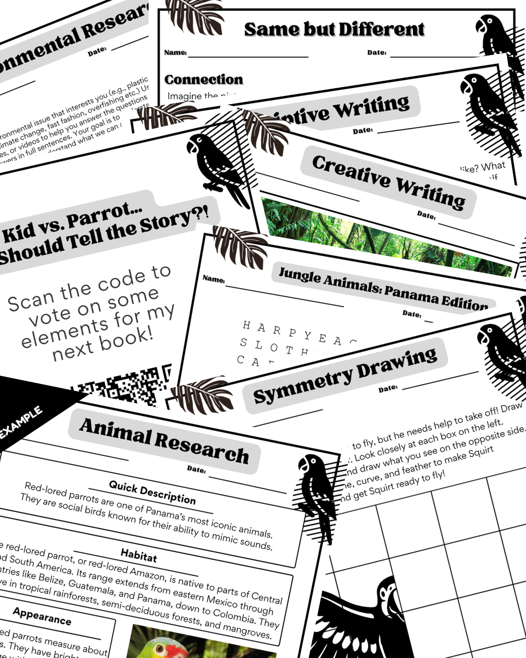 Collection of educational worksheets with tropical parrot illustrations, including titles such as 'Same but Different', 'Creative Writing', 'Jungle Animals: Panama Edition', and 'Animal Research'. The worksheets feature activities like storytelling, animal studies, symmetry drawing, and research with images and text about jungle animals and parrots.