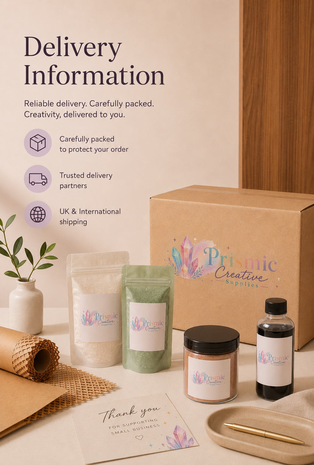 Display of small business packaging products including paper bags, containers, bottles, and a thank you card with Prismic Creative Supplies branding.