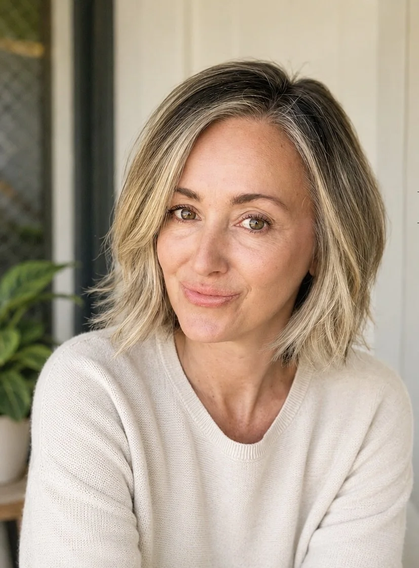 A woman with shoulder-length blonde hair, wearing a cream-colored sweater, smiling slightly, with a background showing part of a doorway and a green plant.