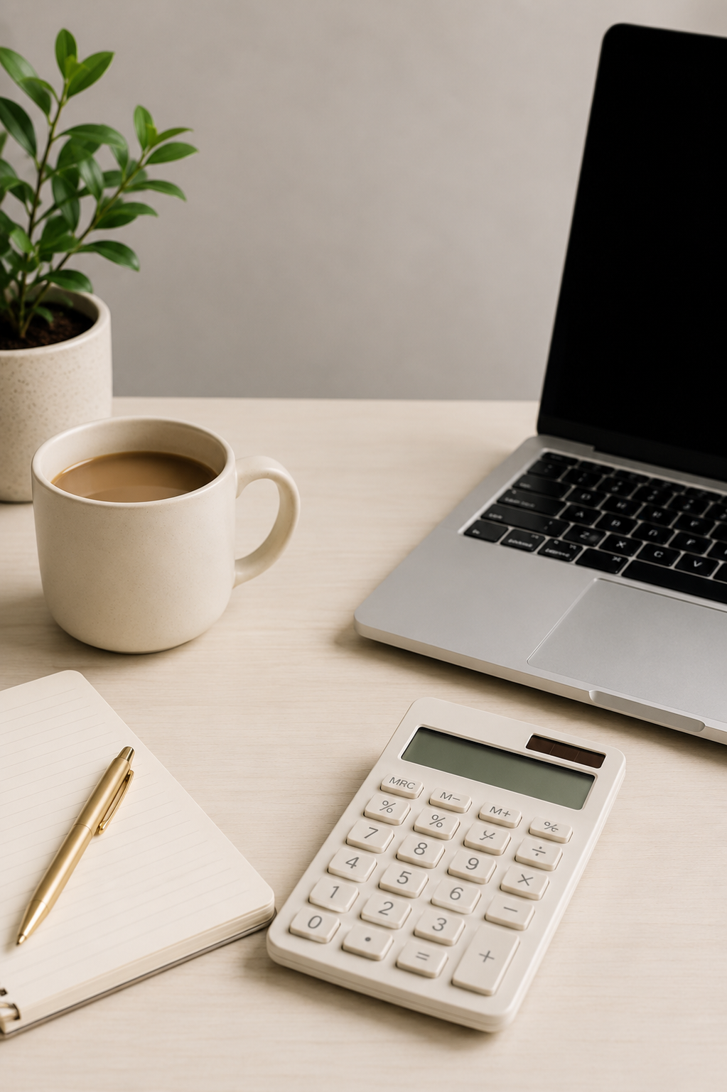 A workspace with a silver laptop, a white calculator, a lined notebook with a gold pen, a mug of coffee, and a potted plant on a light-colored desk.