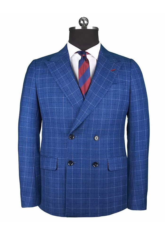 Men's Double-Breasted Blue Checkered Suit