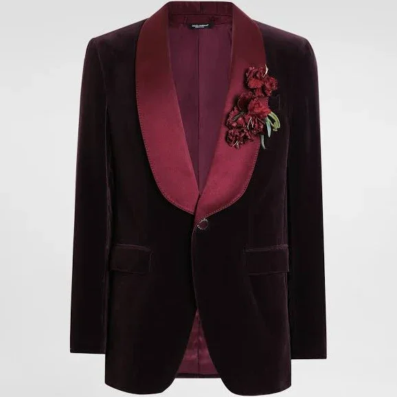 Elegant Velvet Tuxedo Jacket with Floral Appliqué