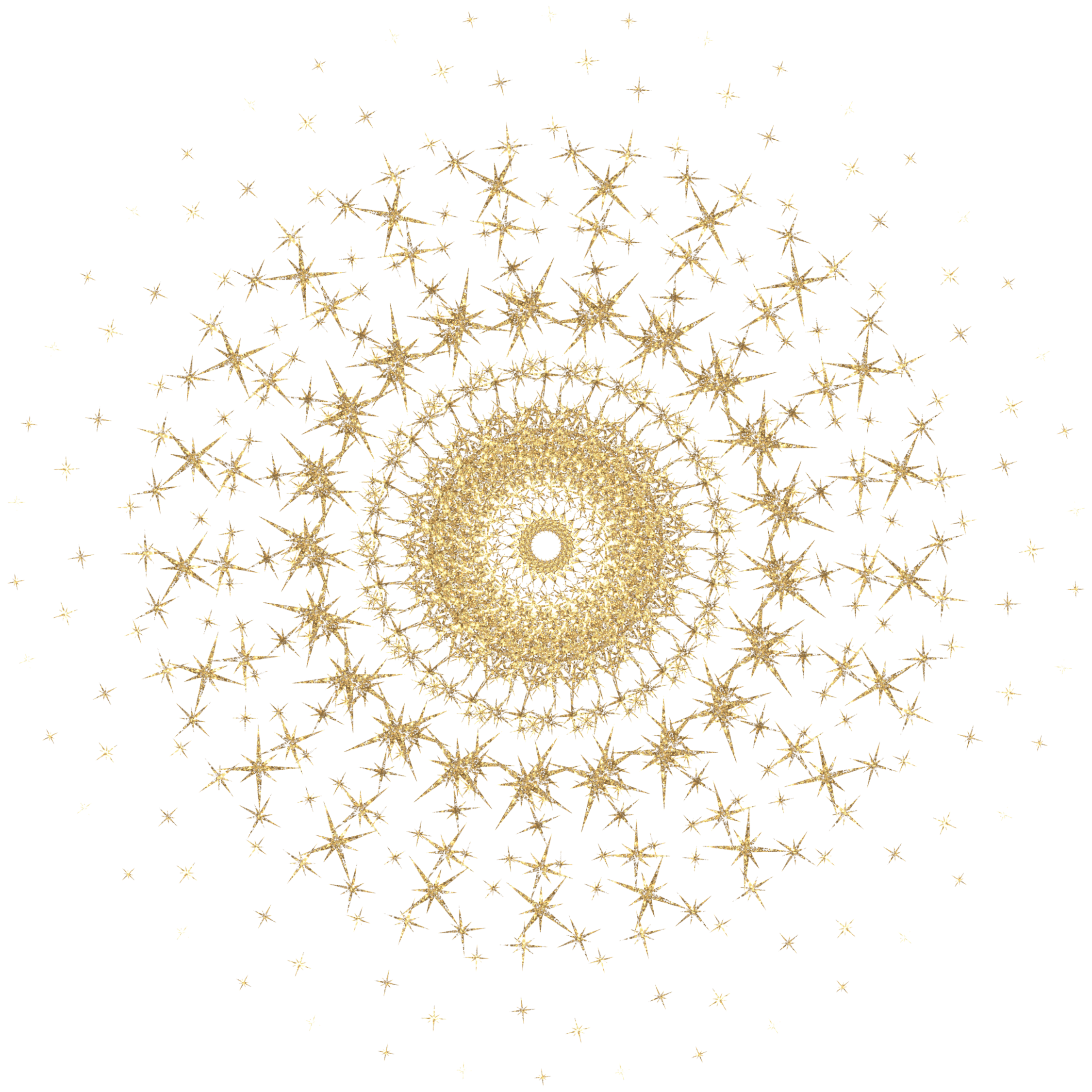 Gold mandala-like graphic with numerous sparkling stars radiating outward.