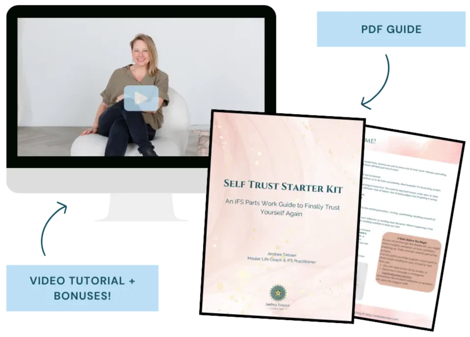 A computer screen displaying a woman sitting on a white couch, holding a tablet, with a play button icon on her image. The screen also shows a PDF guide titled 'Self Trust Starter Kit' by Andrea Tessier, with a subtitle about trusting yourself again.