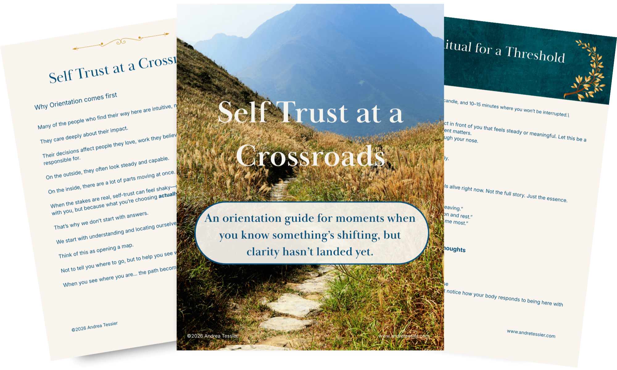 Collection of three overlapping digital pages or book covers titled 'Self Trust at a Crossroads,' featuring mountain landscape background, with additional text about self-trust and orientation.