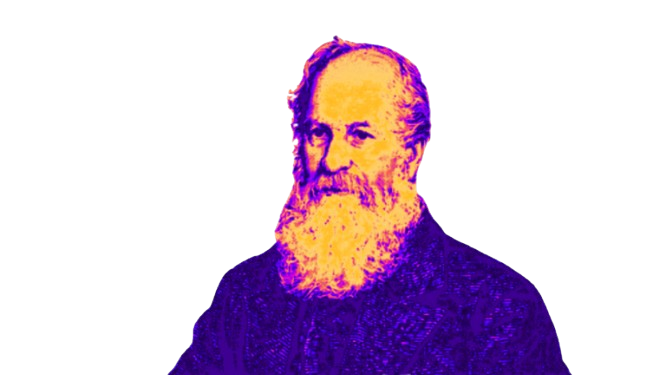 Image of a man with a beard and mustache, rendered with a thermal or posterized effect in purple, yellow, and orange tones.