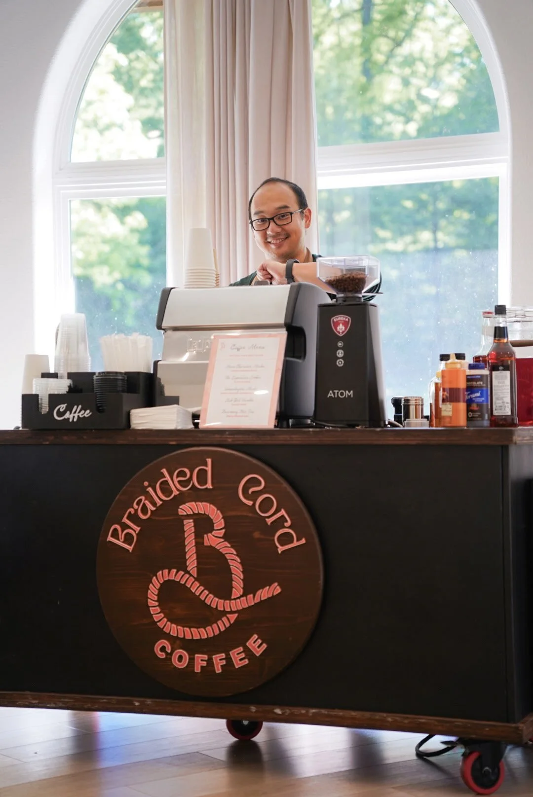 Braided Cord Coffee cart setup at an Asheville private retreat