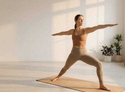 Woman practicing yoga in a spacious, well-lit room with potted plants.
