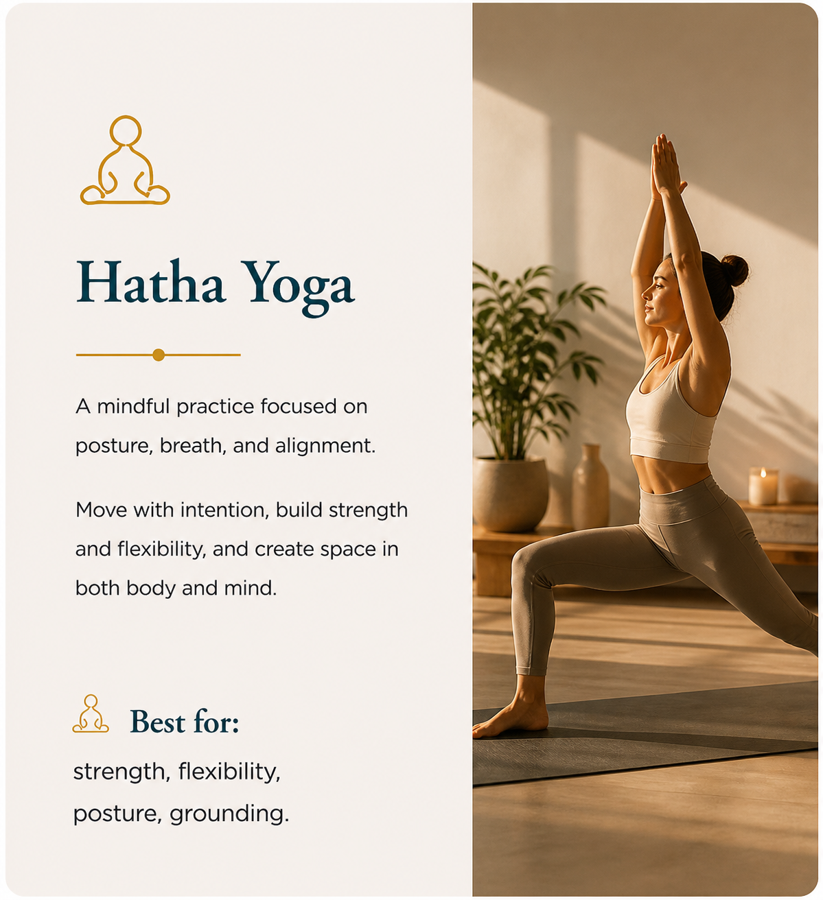 A woman practicing yoga in a peaceful indoor setting with sunlight, plants, and candles, wearing beige activewear while performing a low lunge pose with arms raised overhead.